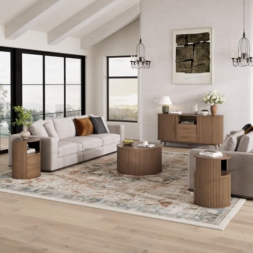 Walnut Round End Table with Storage, Open Shelf and 2 Drawers | 24" Tall Sofa Side Table, Mid Century Modern Nightstand for Living Room, Bedroom, Beside Sofa, Accent Piece, Easy Assembly
