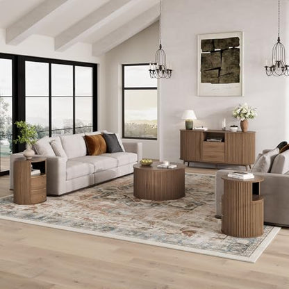 Walnut Round End Table with Storage, Open Shelf and 2 Drawers | 24" Tall Sofa Side Table, Mid Century Modern Nightstand for Living Room, Bedroom, Beside Sofa, Accent Piece, Easy Assembly