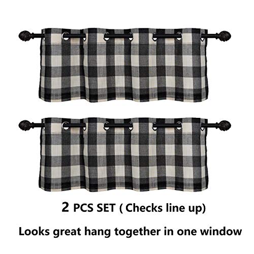 Creativesfun 2 Pcs Checks Line Up Set Farmhouse Faux Linen Look Buffalo Plaid Grommet WindowValance (Black & Cream, Valance 丨W53 X L18-INCH 2PCS)