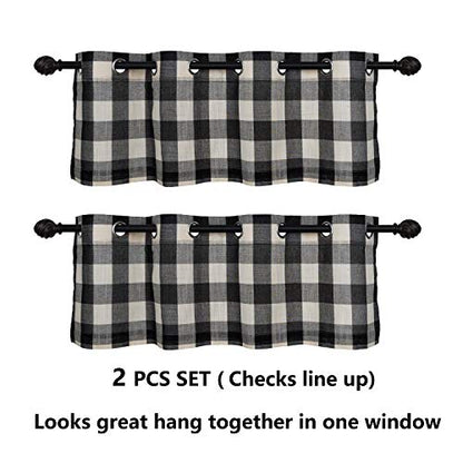 Creativesfun 2 Pcs Checks Line Up Set Farmhouse Faux Linen Look Buffalo Plaid Grommet WindowValance (Black & Cream, Valance 丨W53 X L18-INCH 2PCS)