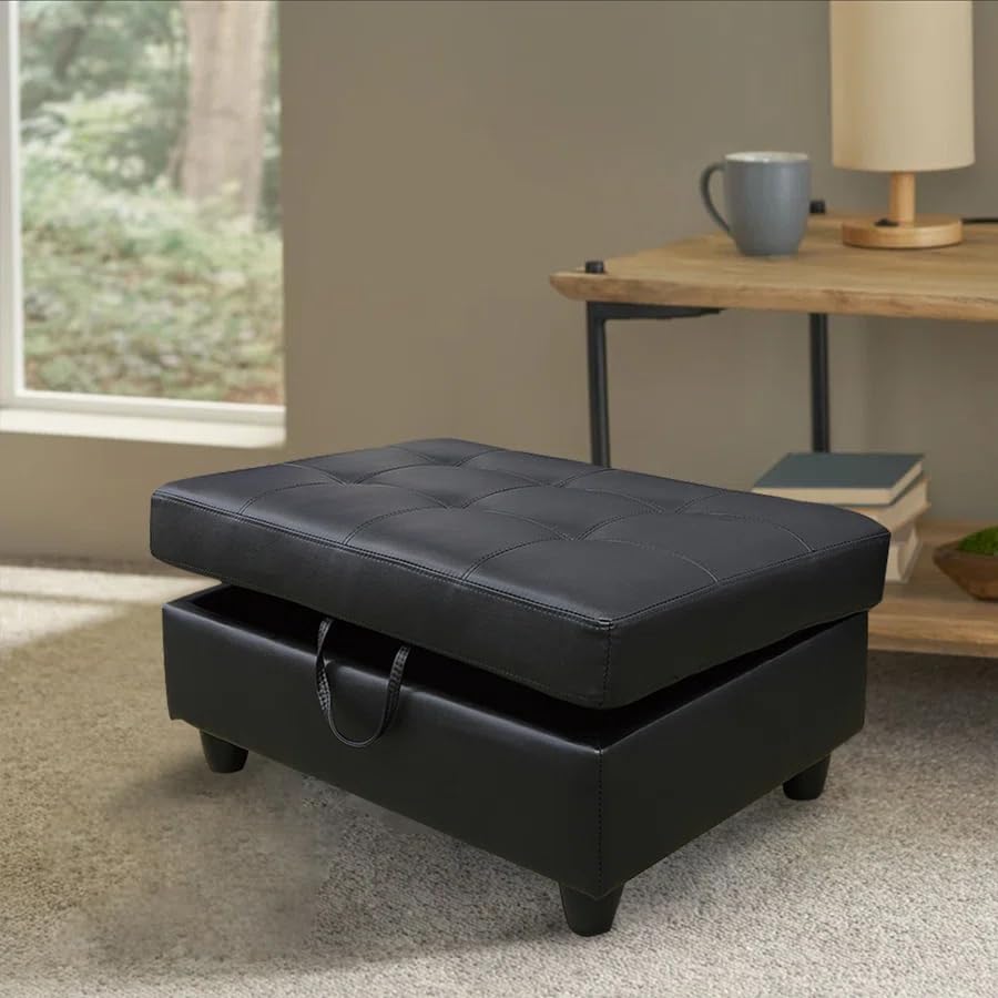 Large Faux Leather Ottoman Foot Rest Stool with Storage,33 in x 22 in x 17 in Stylish Storage Bench for Living Room and Bedroom Accent Piece (Black-Leather)