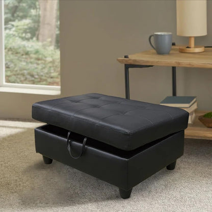 Large Faux Leather Ottoman Foot Rest Stool with Storage,33 in x 22 in x 17 in Stylish Storage Bench for Living Room and Bedroom Accent Piece (Black-Leather)