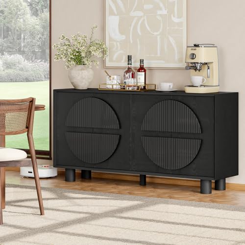 63 Inch Fluted Buffet Cabinet w/ Storage, Push-Spring Doors, Black, view 4