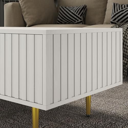 Modern Coffee Table with Storage with 2 Big Drawers, White Rectangle Coffee Table for Living Room, Wooden Fluted Table Accent Tea Table for Living Room Apartment Small Space
