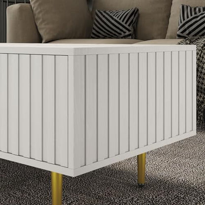 Modern Coffee Table with Storage with 2 Big Drawers, White Rectangle Coffee Table for Living Room, Wooden Fluted Table Accent Tea Table for Living Room Apartment Small Space