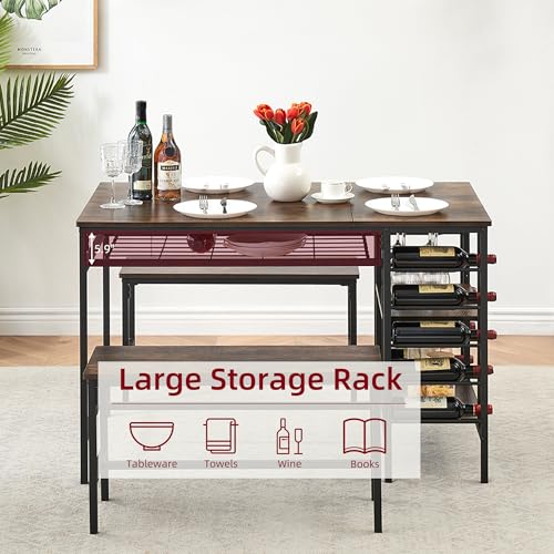 Dining Table Set for 4, Kitchen Table with 2 Benches, Wine Rack and Storage Shelf, Rectangular Dining Room Table Set, 3 Piece Dining Table Set for Small Space, Apartment, Dinette, Rustic Brown