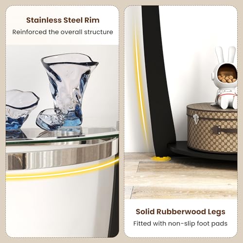 2-Tier Glass Console Table, Half Moon Modern Entryway Table with Tempered Glass Top & Open Storage Shelf, Narrow Long Sofa Table for Living Room, Hallway, Foyer, Entrance (Black)
