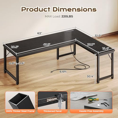 63 Inch L Shaped Desk with Power Outlets & 0.95 Inch Thicker Desktop, view 4