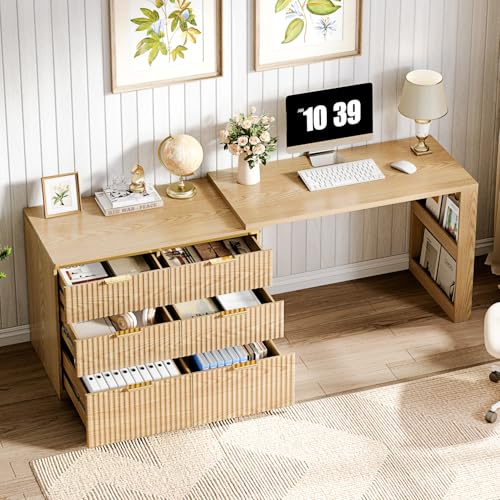 L Shaped Expandable Desk,47" Home Office Desks, Executive, Farmhouse Computer Desk with 6 Drawers File Drawer, Rustic Computer Writing, Oak