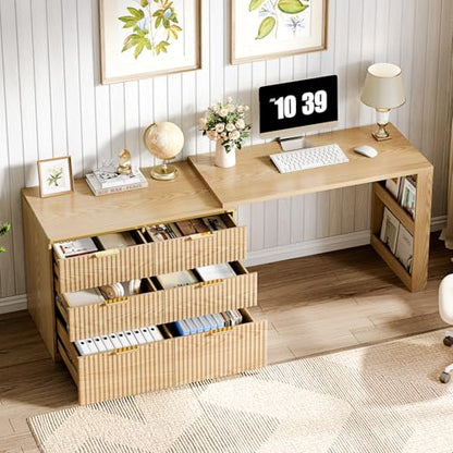 L Shaped Expandable Desk,47" Home Office Desks, Executive, Farmhouse Computer Desk with 6 Drawers File Drawer, Rustic Computer Writing, Oak