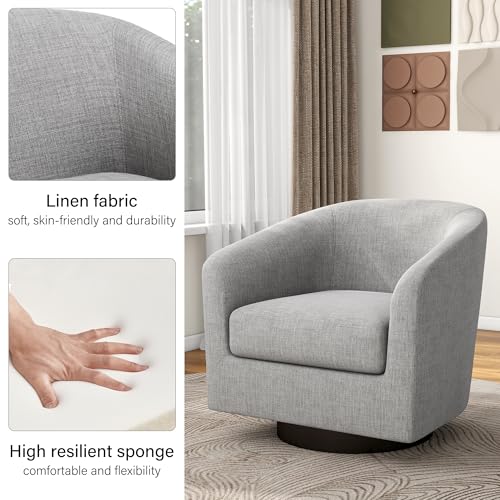 Swivel Barrel Accent Chair, Modern Round Linen Arm Chair for Living Room, Bedroom, Comfy Club Reading Chairs for Adults（Linen Fabric, Light Grey, Set of 1