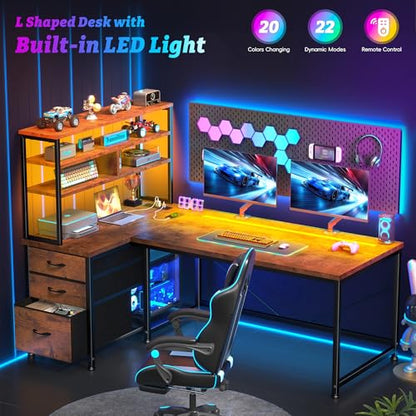 Office Desk with 3 Fabric Drawers & Shelf, Reversible L Shaped Desk Computer Desk with Remote LED Lights, Power Outlet for Home Office Desk, Corner Desk for Bedroom, Brown