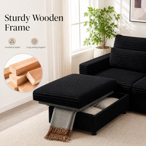 35.3" Corduroy Ottoman with Storage Oversized Ottoman for Modular Sectional Couches Foot Rest Stool with Hidden Compartment for Living Room, Apartment (Black, 35.3")
