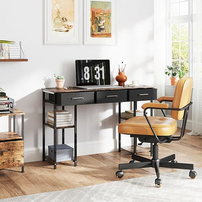47" Computer Desk with 3 Fabric Drawers, Home Office Desk with Adjustable Shelves, Small Writing Desk with Storage, Rustic Brown
