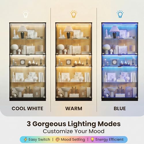 65" H Lighted Display Cabinet with Glass Doors & 5-Tier Shelves, Curio Cabinets with Motion Sensor LED Lights for Collectibles/Figurines, Tall Storage Cabinets for Living Room (Black Wood)
