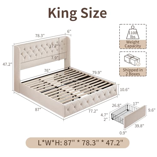King Size Bed Frame with Storage Drawers and Wingback Headboard Linen, view 3