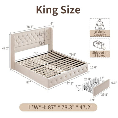 King Size Bed Frame with Storage Drawers and Wingback Headboard Linen, view 3