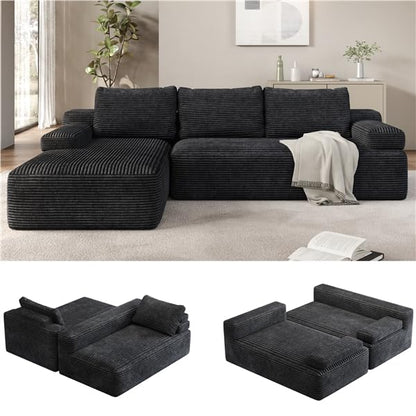 Yaheetech 110" Modular Sectional Sofa Corduroy Boneless Couch with Chaise L-Shape Cloud Couch with Detachable Pillows No Assembly Sofa for Living Room, Dark Gray