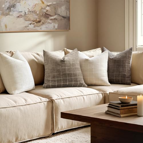 Taupe Grey Plaid Decorative Fall Throw Pillow Covers 20x20 Set of 2, view 5