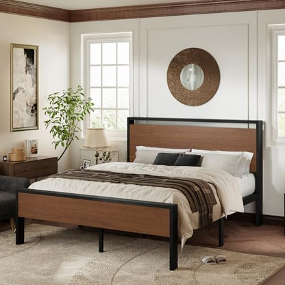 Full Size Bed Frame, Heavy Duty 12 Metal Slats Support, Walnut, view 4