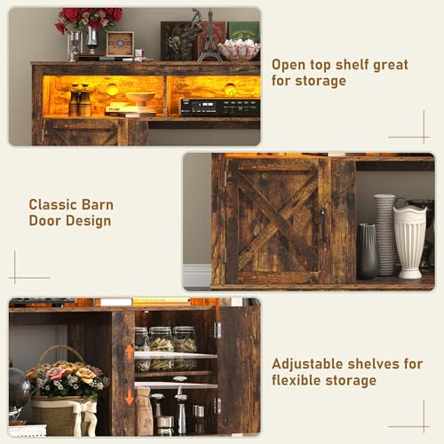 Farmhouse TV Stand for 70/75/80 Inch TV, 32”Tall Entertainment Center w/LED Light, Large Media Console Cabinet w/Barn Doors & Adjustable Shelves for Living Room, Rustic Brown