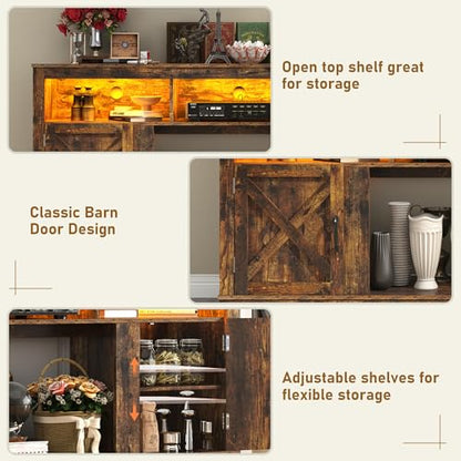 Farmhouse TV Stand for 70/75/80 Inch TV, 32”Tall Entertainment Center w/LED Light, Large Media Console Cabinet w/Barn Doors & Adjustable Shelves for Living Room, Rustic Brown