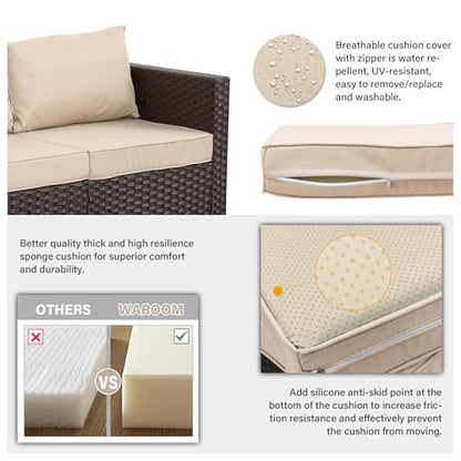Patio Couch PE Rattan 3-Seat Outdoor Sofa Brown Wicker Furniture Set Deep Seating with Anti-Slip Beige Cushion