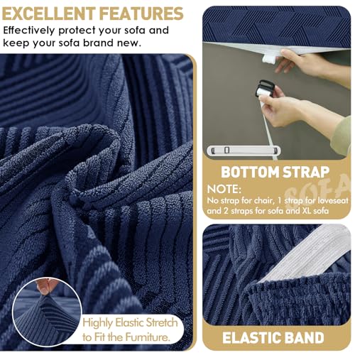 2 Pieces Chair Covers with Arms, Stretch Chair Slipcovers for Living Room, Washable Chair Couch Cover Slipcovers for Dog, Pets Feature Geometrical Jacquard Fabric (Chair, Navy Blue)