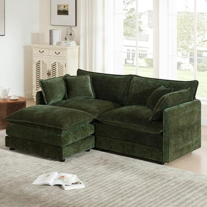 76.7" Green L Shaped Cloud Couch, Modern Chenille Modular 2 Seater Loveseat Sofa with Movable Ottoman, Deep Seat Sectional Couch with Pillows for Small Place, Living Room Apartment Office