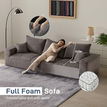 Sectional Cloud Boneless Sofa Couches for Living Room-113'' Gray 3 Seater L-Shaped Modern Lounge Couch-No Assembly Modular Corduroy Convertible Sponge Sleeper Sofas with Chaise for Home House