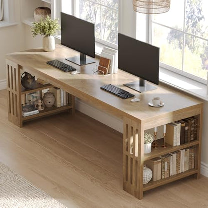 78.7" Long Desk, 2 Person Desk with Shelves, Large Wooden Computer Desk, Heavy Duty Shelf Legs Design for Two Person Home Office, Business, Workstation, Natural (78.7" W x 23.6" D)