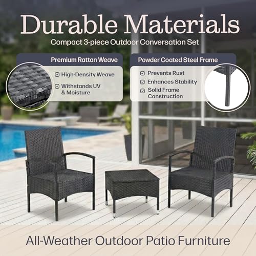 80-OUTD-WK-NCSHCHTBL, Gray Outdoor Patio Set ? 3-Piece Rattan Seating Combo with 2 Chairs and Table for Deck, Balcony, or Front Porch Furniture