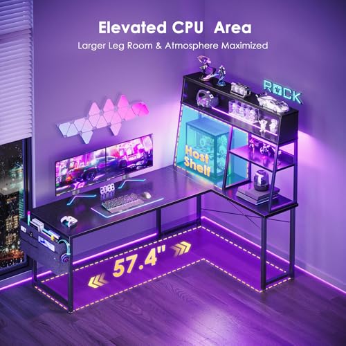 59 Inch L Shaped Gaming Desk with Display Shelves, LED Lights, Black, view 7