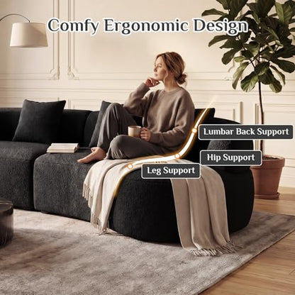 113" Curved Sectional Sofa Modern Cream Cloud Couch Modular Sectional Couches for Living Room Boneless Cloud Sofa Boucle Loveseat Comfy Chenille Deep Seat with 4 Pillows, Black