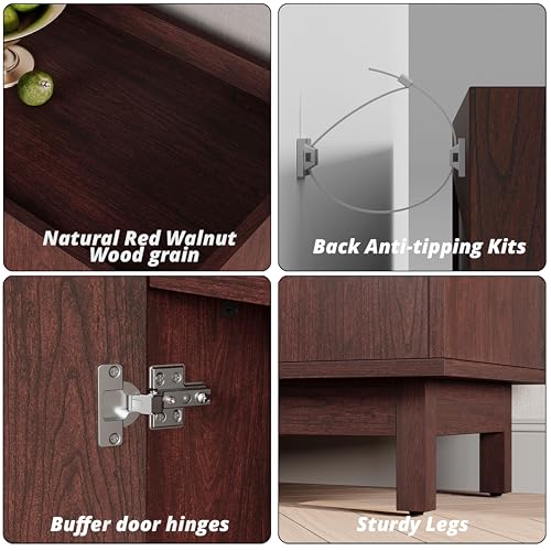 Storage Cabinet with Grille Doors, Natural Red Walnut | 2 Adjustable Shelves