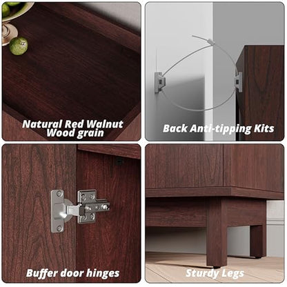 Storage Cabinet with Grille Doors, Natural Red Walnut | 2 Adjustable Shelves