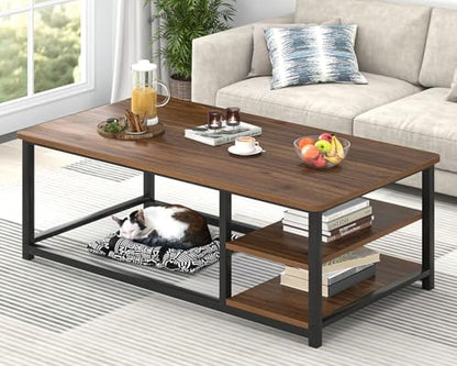 Modern Coffee Table, Rustic Wood and Metal Center Table for Living Room, Industrial Rectangle Cocktail Tea Table with Storage Shelf, Walnut, 47 Inch