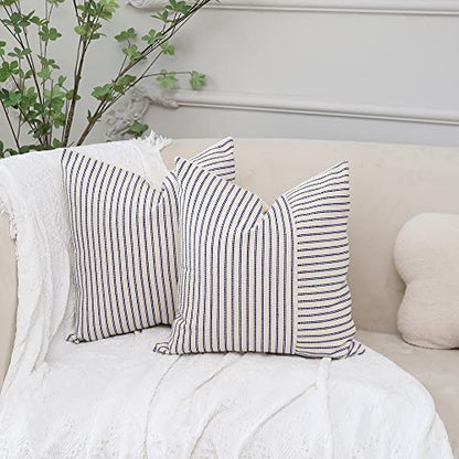Navy Blue and Beige Patchwork Farmhouse Throw Pillow Covers 18 x 18 Inch, Pack of 2 Striped Linen Decorative Pillow Case for Sofa Couch Chair Bedroom Modern Decor(Navy Blue)