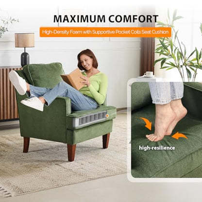 Mid-Century Modern Accent Chairs Set of 2, Green Upholstered Armchair Comfy Sofa Chairs Reading Chair High Back for Living Room Bedroom Furniture Apartment