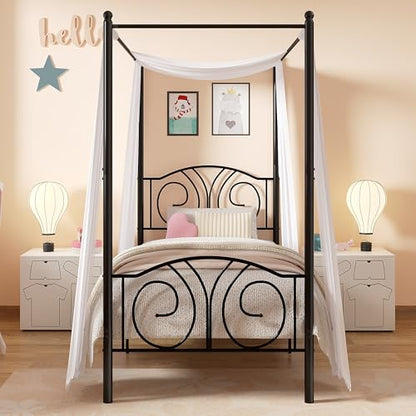 Twin Canopy Bed Frame, Vintage Scrollwork Headboard, Matte Black, view 2