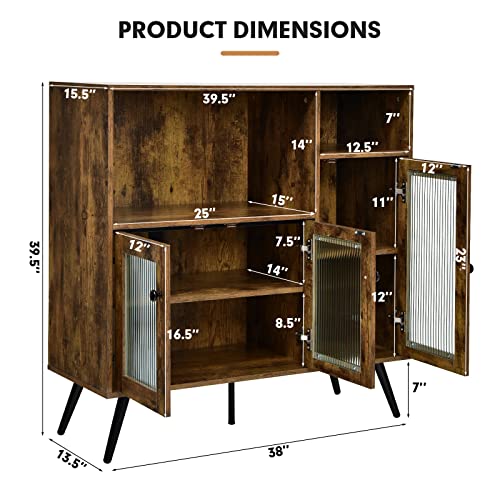 Buffet Sideboard with Storage, Industrial Cupboard, 3 Door Wood Pantry, Credenza with 2 Shelves, Standing Storage Cabinet with Legs, Kitchen Living Room