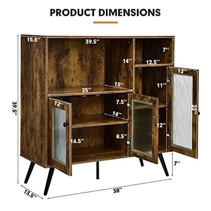 Buffet Sideboard with Storage, Industrial Cupboard, 3 Door Wood Pantry, Credenza with 2 Shelves, Standing Storage Cabinet with Legs, Kitchen Living Room