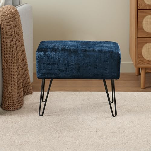 Majolica Blue Fuzzy Velvet Ottoman, 19" Rectangular Foot Rest Stool for Living Room, Small Space Entryway Bench Shoes for Bedroom End of Bed, Decorative Makeup Stool for Adults