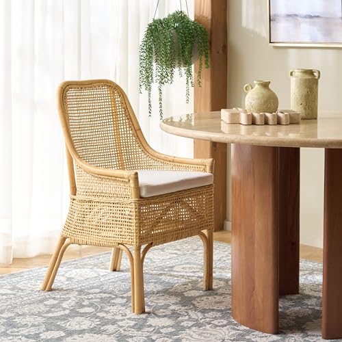 SAFAVIEH Furniture - Alina Dining Chair - Light Natural Rattan & White Cushion - Woven Armchair Design - Ideal for Dining Room, Kitchen, 18.3" Seat Height (DCH6511A)