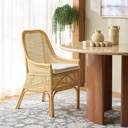 SAFAVIEH Furniture - Alina Dining Chair - Light Natural Rattan & White Cushion - Woven Armchair Design - Ideal for Dining Room, Kitchen, 18.3" Seat Height (DCH6511A)