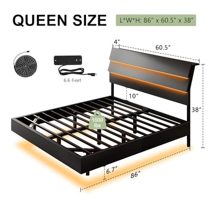 Floating Bed Frame Queen Size with Led Lights and Charging Station, view 3