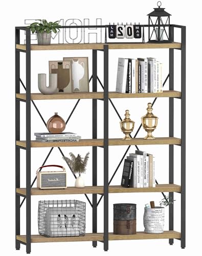 Bookshelf, 5 Tier Industrial, Tall Etagere Bookcase, Rustic Wood and Metal Book Shelf with Large Open Shelving Unit for Home Office Living Room (Rustic Oak, 51 Inch Wide)