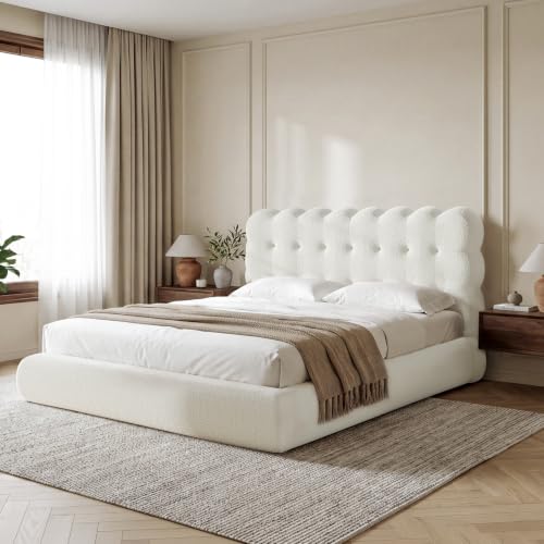 Upholstered Cloud Bed Frame Queen with Tufted Wave Headboard,Beige, view 2