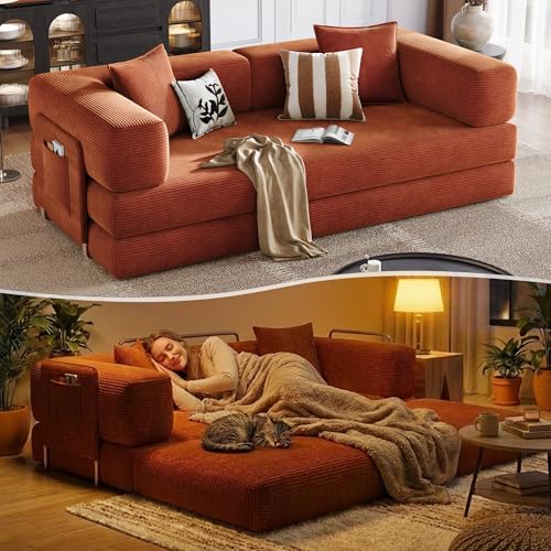 78.8'' Boneless Sleeper Sofa Bed,Convertible Futon Couch with Storage Pocket and 2 Pillows,Modular Corduroy Sofa for livingroom,Small speace,Orange