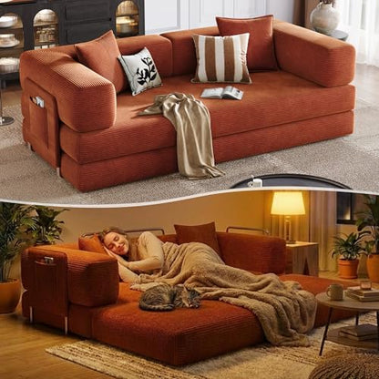 78.8'' Boneless Sleeper Sofa Bed,Convertible Futon Couch with Storage Pocket and 2 Pillows,Modular Corduroy Sofa for livingroom,Small speace,Orange